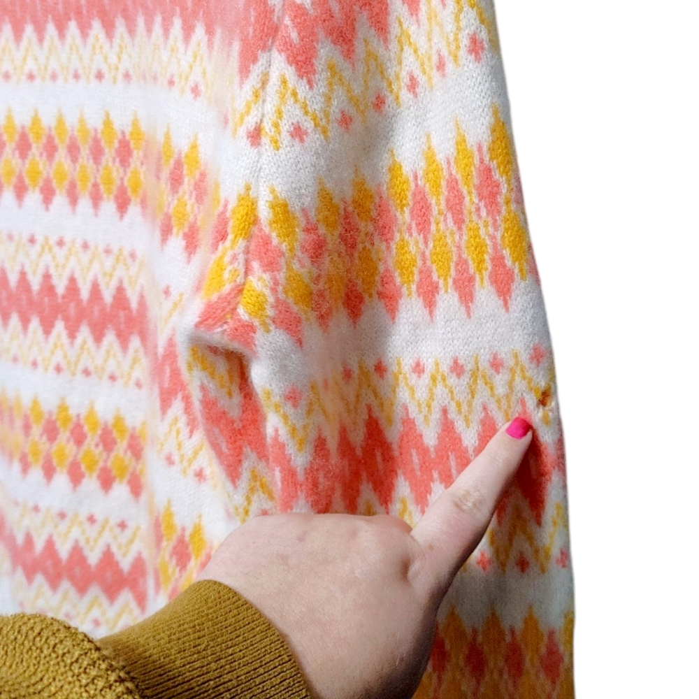 J. Crew Pink Orange Geometric Stripe Cashmere Crew Sweater Women's Size Medium - Picture 7 of 10